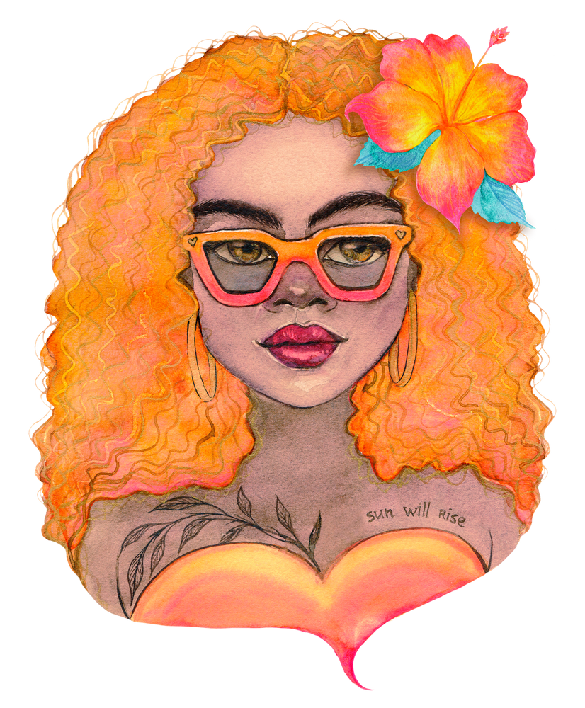 Watercolor women portrait, orange girl.